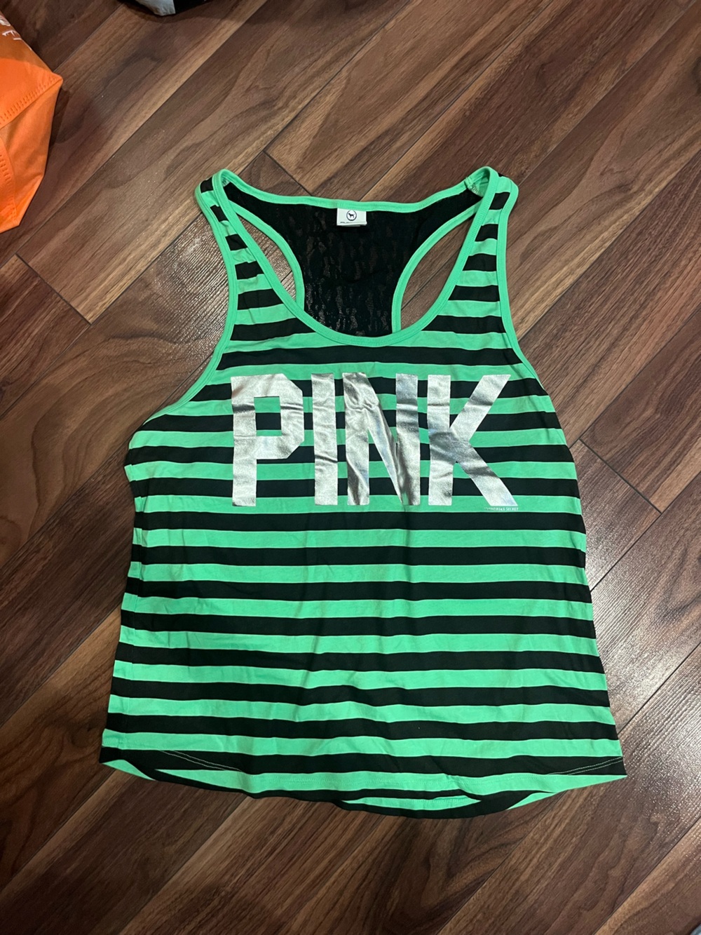PINK Victoria's Secret Green and Black Striped Racerback Tank with Silver Logo